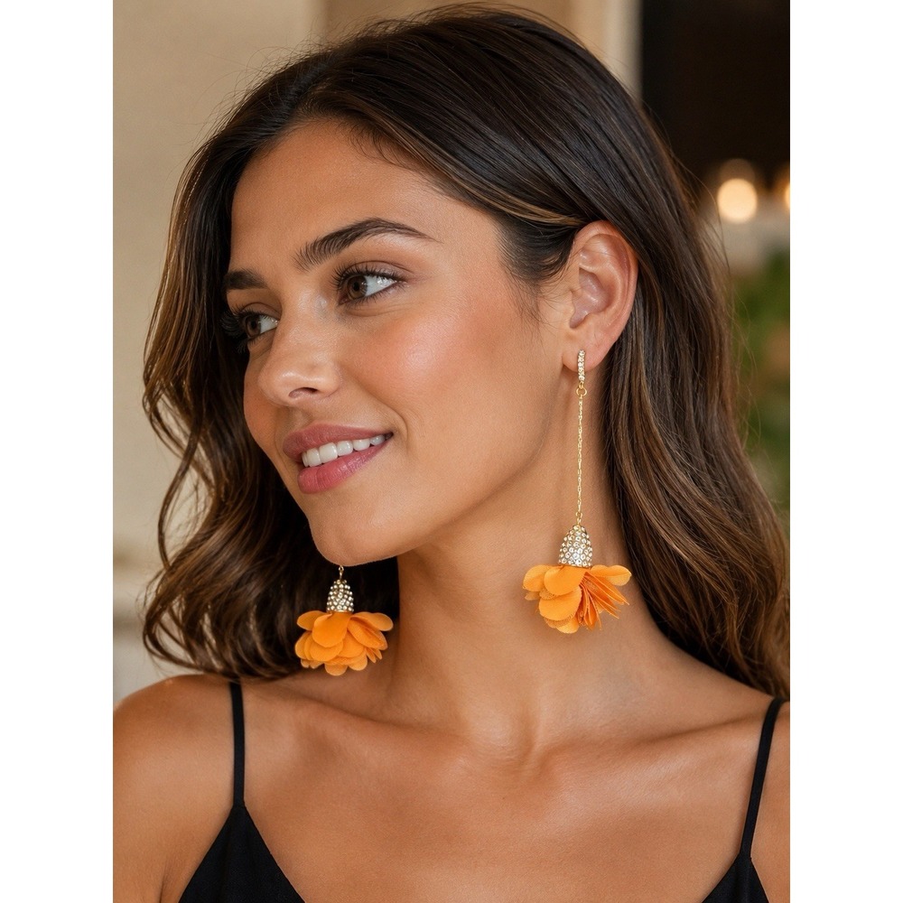 INC Orange Floral Tassel Drop Earrings Gold Tone Rhinestone Linear Dangle NWT